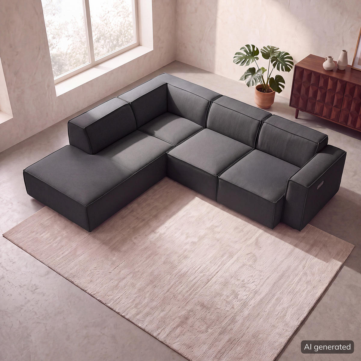 ECKSOFA mit Ottomane - Anthrazit/Schwarz, Kunststoff/Textil (260/234cm) - home24