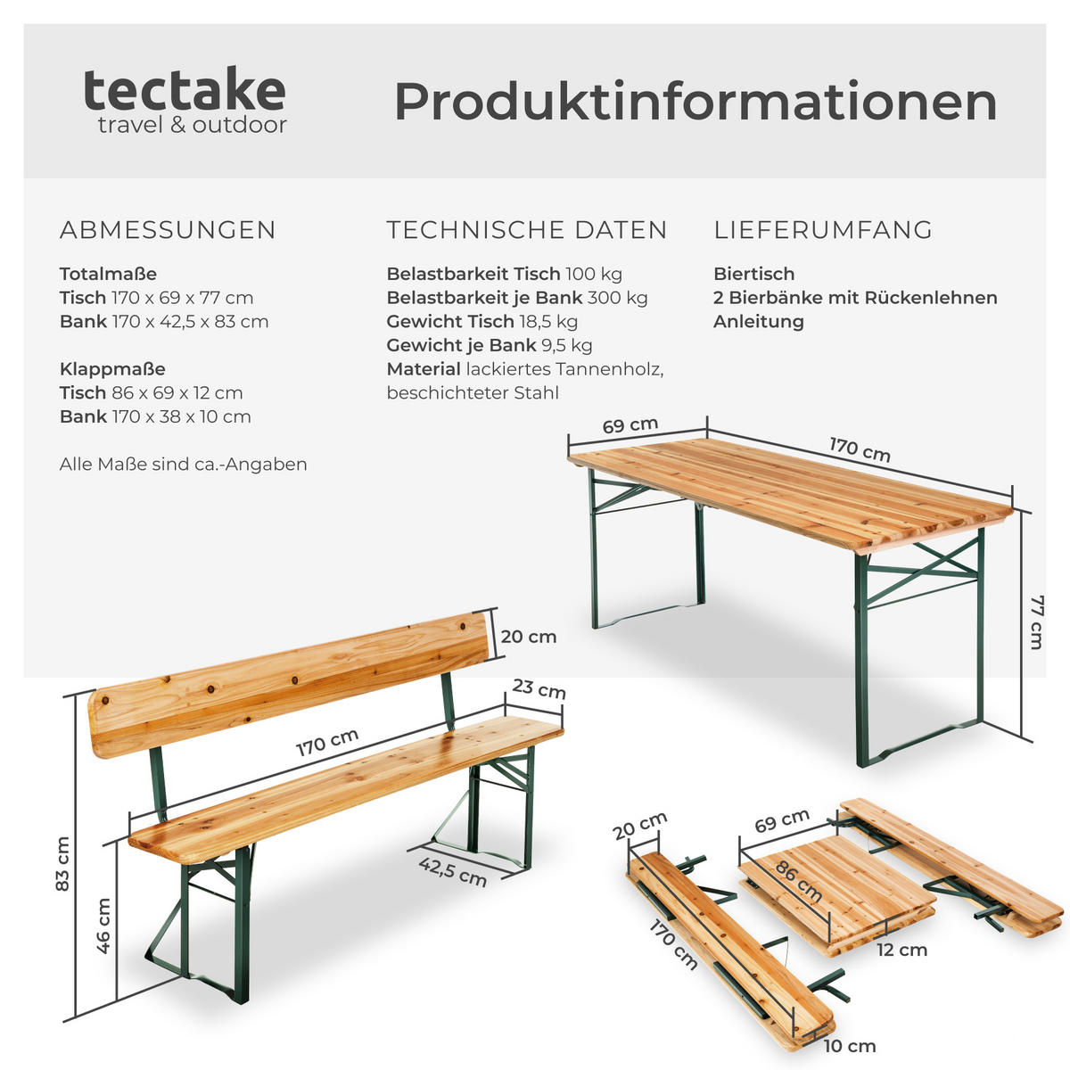BIERZELTGARNITUR Franz Ii,robustes Tannenholz mit Schutzlackierung,braun - Braun, Naturmaterialien/Holz - tectake