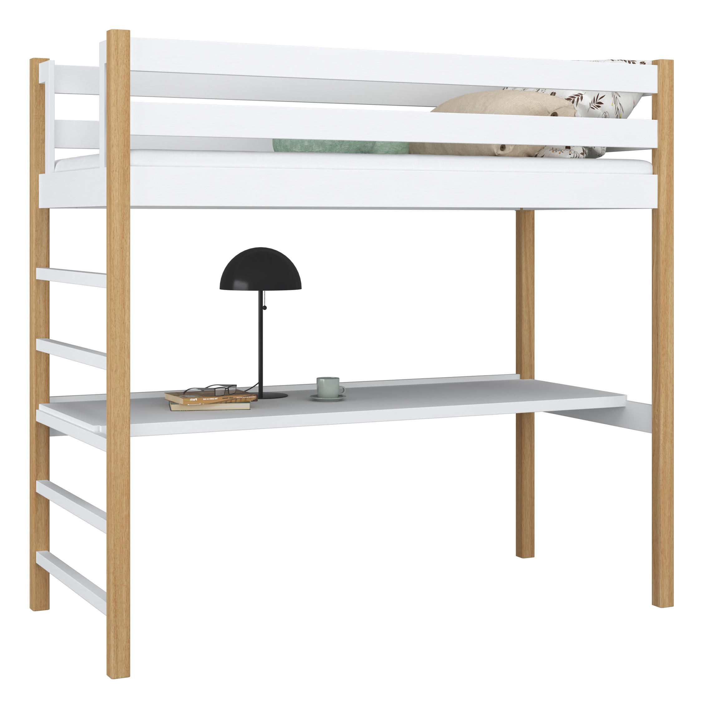 HOCHBETT N01 mit Schreibtisch Weiß / Eiche Natur 80/190 - Eiche Artisan/Weiß, Naturmaterialien/Holz (80/190cm) - N-Wood