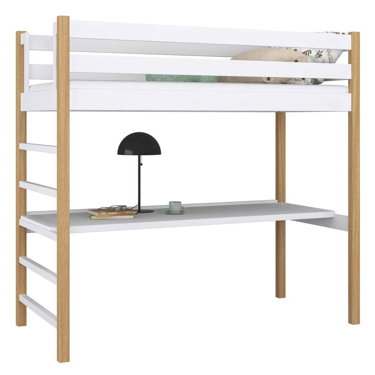 HOCHBETT N01 mit Schreibtisch Weiß / Eiche Natur 90/180 - Eiche Artisan/Weiß, Naturmaterialien/Holz (90/180cm) - N-Wood