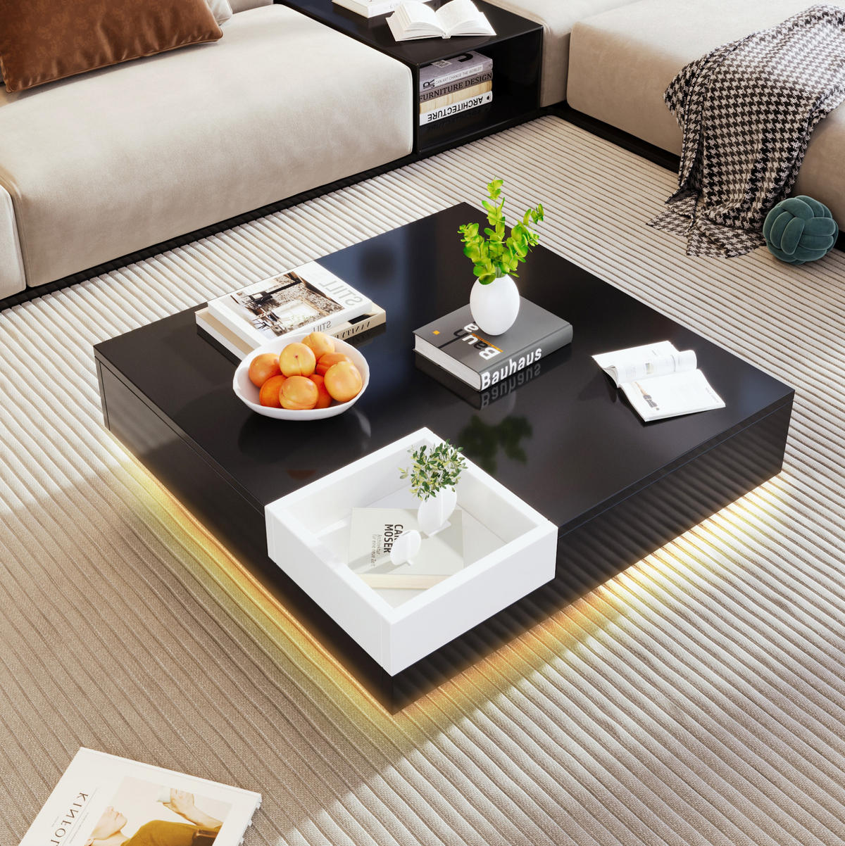 COUCHTISCH aus Spanplatte 72x72x30 cm in Schwarz mit LED-Beleuchtung - Schwarz, Holzwerkstoff (72/72/30cm) - Modfu