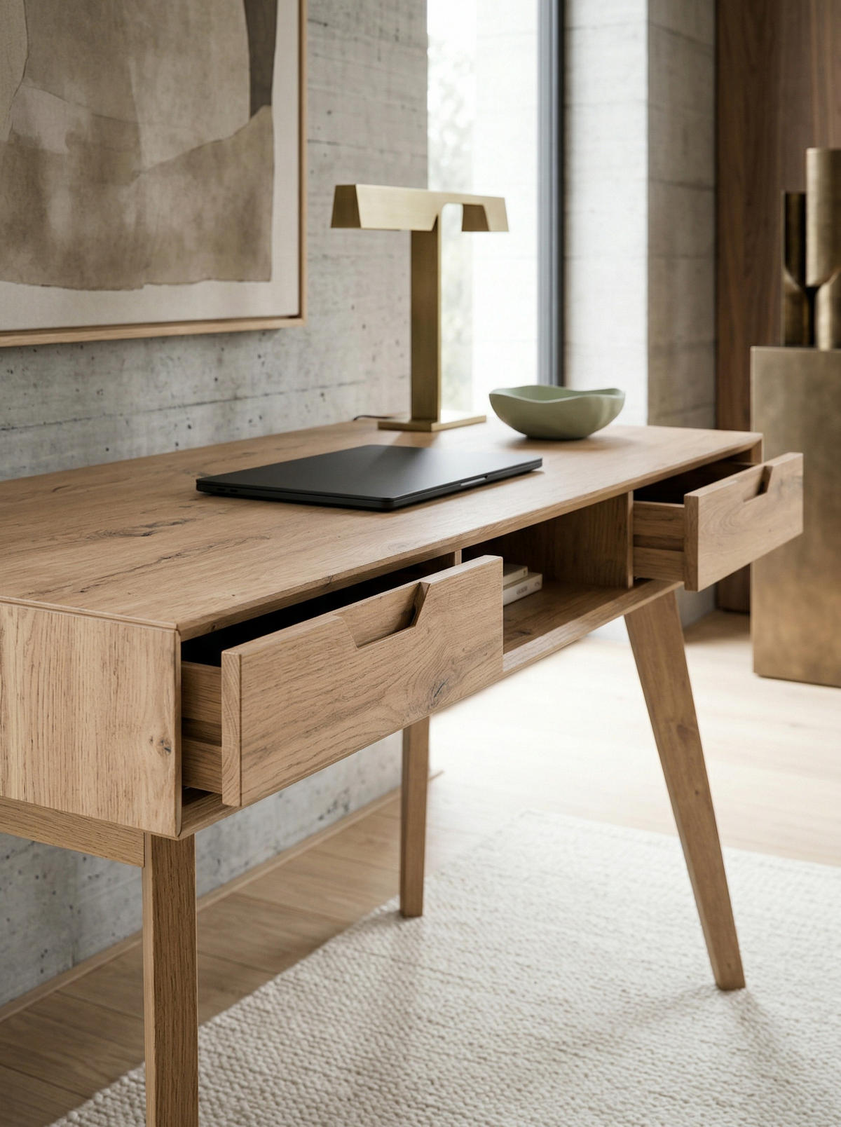 SCHREIBTISCH – 120x55x77 cm, Skandinavischer Stil, 2 Schubladen, Eichenbeine - Beige, Eichenholz/Holz (55/120/77cm) - KADIMA DESIGN