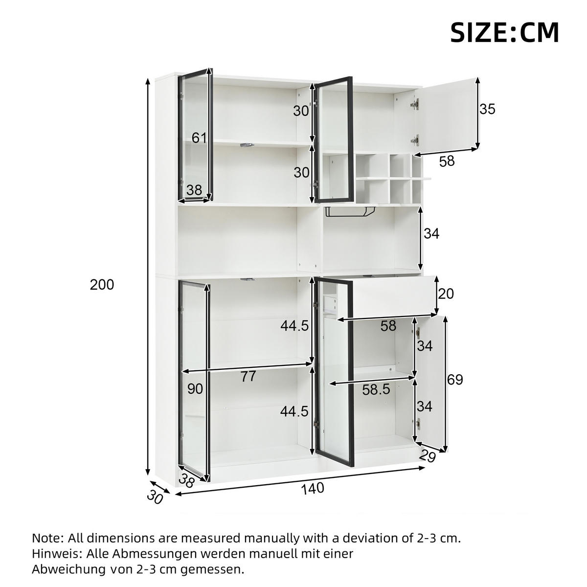 VITRINE 140x30x200 cm Weiß LED 7 Türen Weinregal - Weiß, Holzwerkstoff (140/200/30cm) - FLIEKS