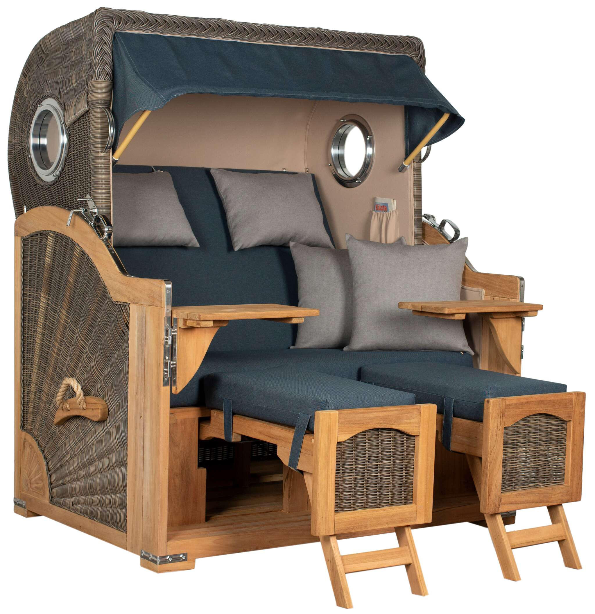 STRANDKORB Düne Grande Bullauge Teak PE Grey Dessin 593 - Blau/Braun, Metall (142/170/95cm) - Mr. Deko