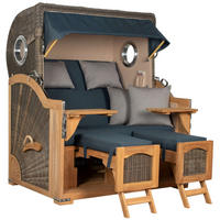 STRANDKORB Düne Grande Bullauge Teak PE Grey Dessin 593 - Blau/Braun, Metall (142/170/95cm) - Mr. Deko