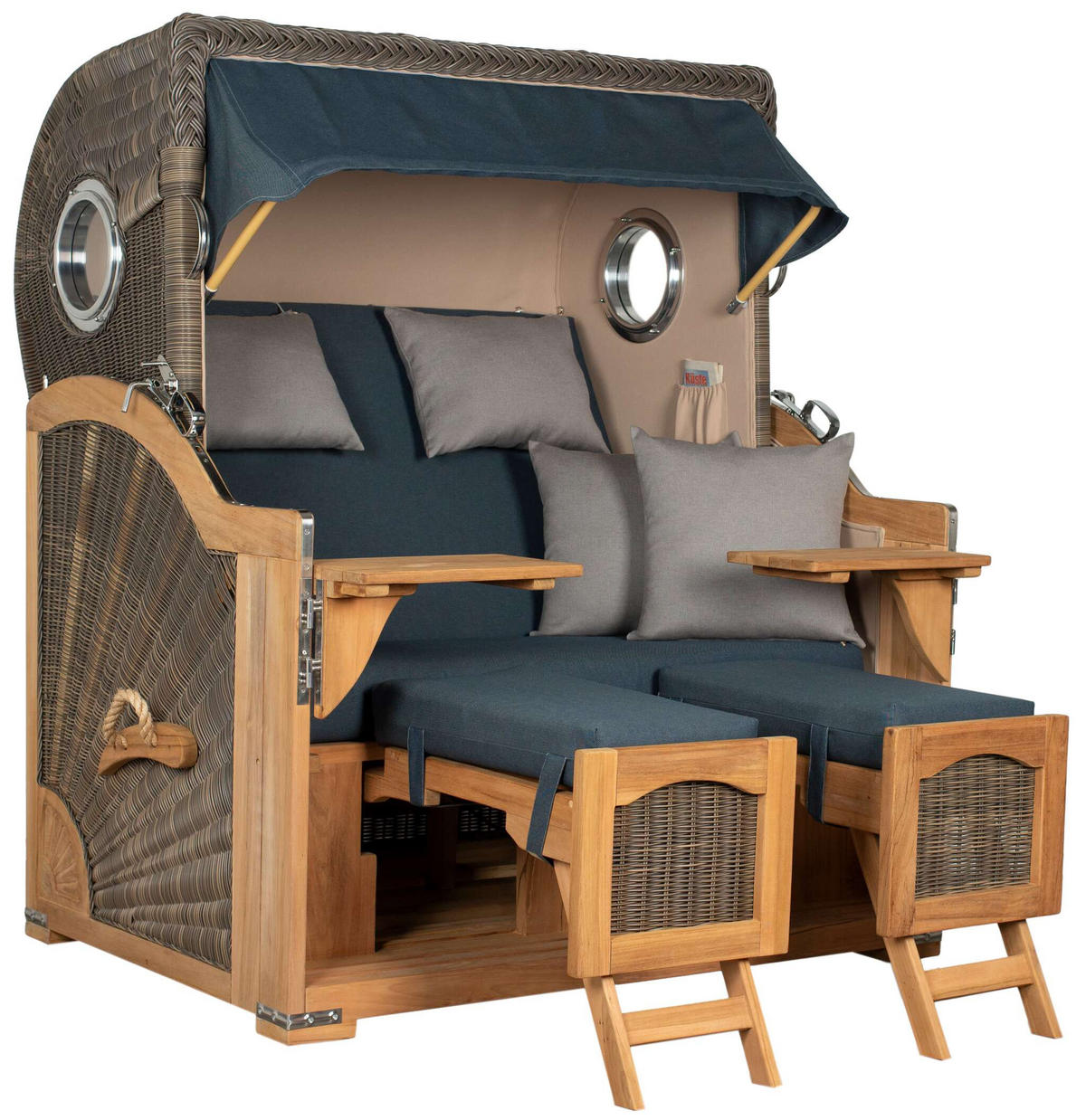 STRANDKORB Düne Grande Bullauge Teak PE Grey Dessin 593 - Blau/Braun, Metall (142/170/95cm) - Mr. Deko