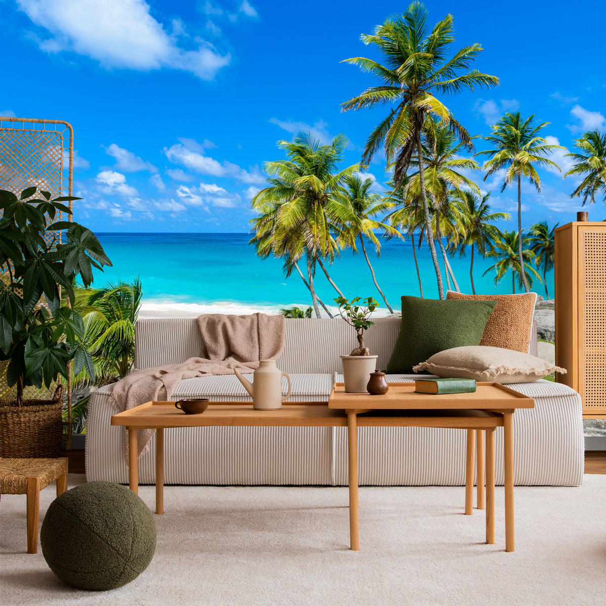 FOTOTAPETE Strand Palmen Ozean Landschaft 3D 250x175 - Blau/Beige, Papier (250/175cm) - Muralo