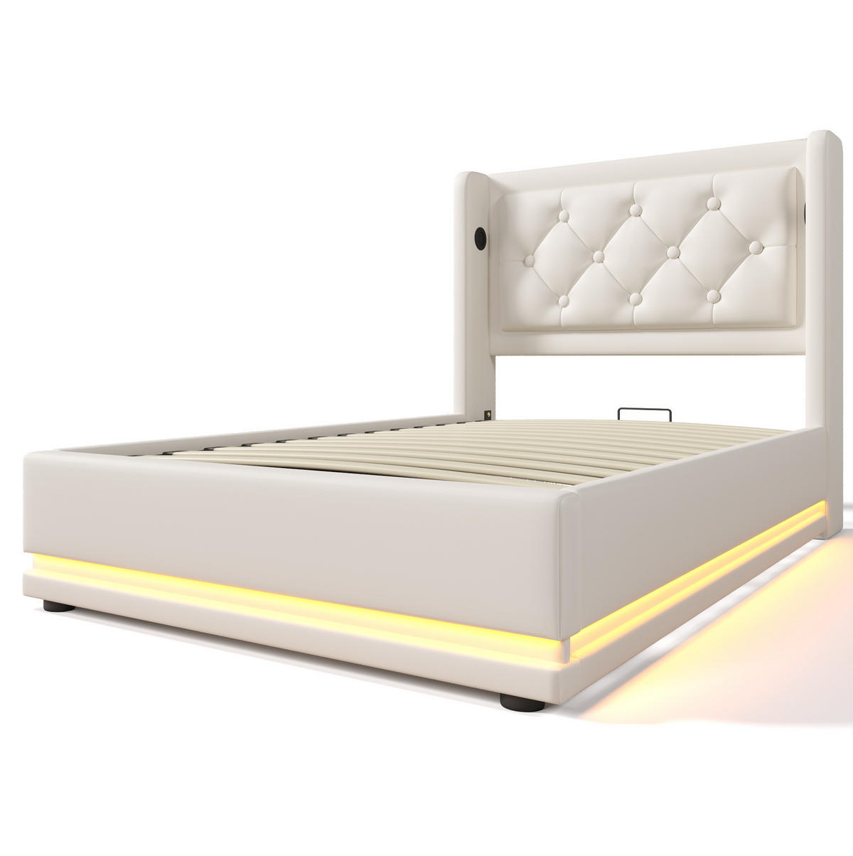 POLSTERBETT 90/200 cm mit USB Typ-C, Matratze, 3-seitiger LED und hydraulischem Stauraum, PU, Weiß - Weiß, Kunststoff (90/200cm) - Redom