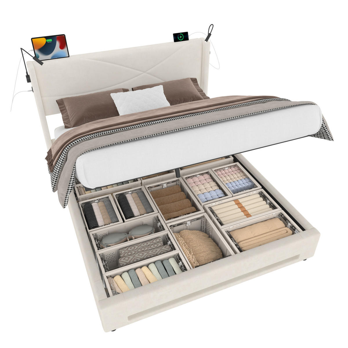 POLSTERBETT 140/200 cm mit LED-Beleuchtung, 2 Leselampen, USB-Anschlüssen und hydraulischem Stauraum, Beige - Beige, Textil (140/200cm) - Redom