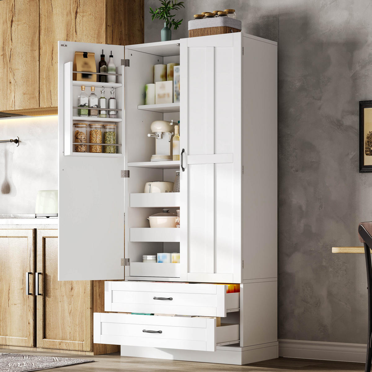 GESCHIRRSCHRANK 180 cm MDF Weiß mit Ausziehböden und Schubladen - Weiß, Holzwerkstoff (37.5/180/80cm) - Korfee