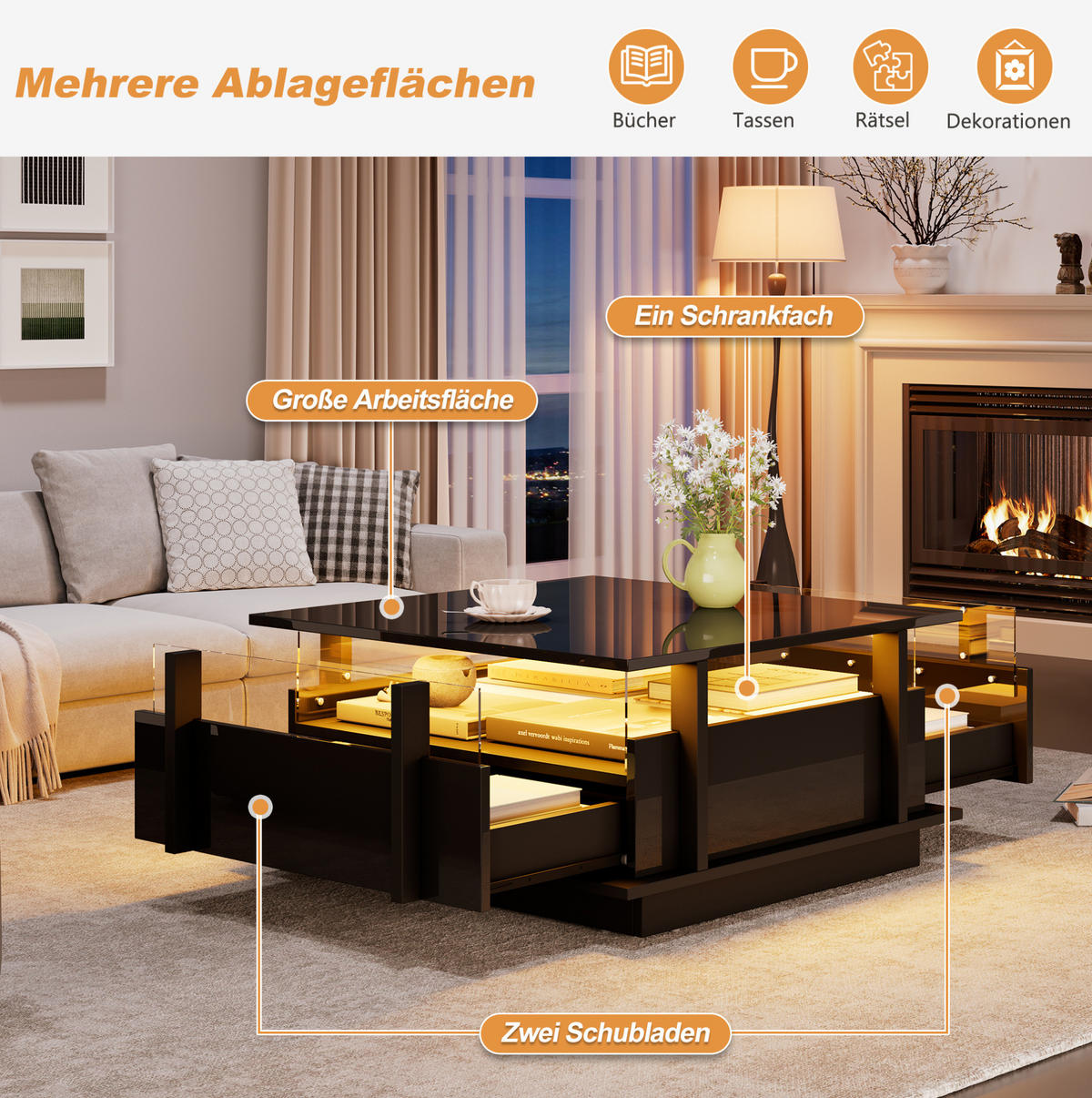 COUCHTISCH aus Spanplatte 70x70x35 cm Schwarz mit 2 Schubladen, LED-Beleuchtung und Acryl-Trennwänden - Schwarz, Holzwerkstoff (70/70/35cm) - IVMEU