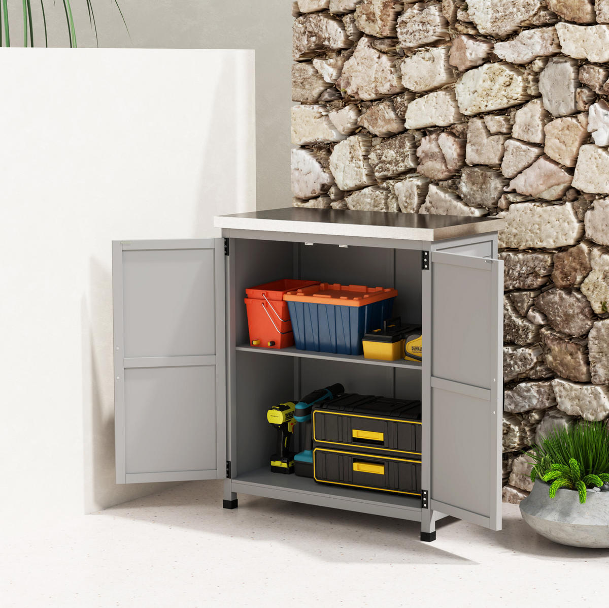 GARTENKOMMODE 79/92/43 cm Grau aus Holz mit verzinkter Tischplatte - Grau, Holz (43/92/79cm) - OKMYHOME