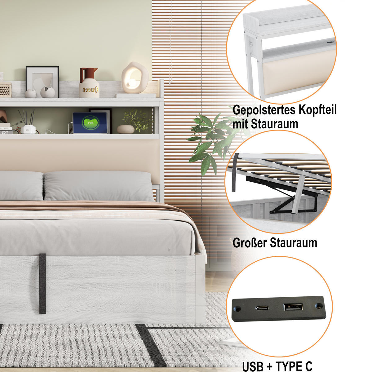 POLSTERBETT 90/200 cm Weiß aus Metall, Stoff und MDF mit Stauraum - Weiß, Metall (90/200cm) - OKMYHOME