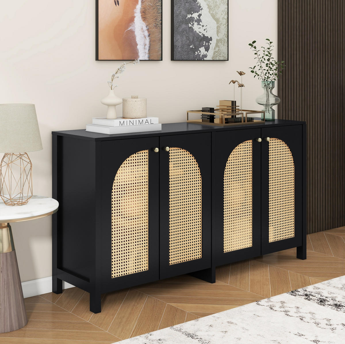 SIDEBOARD 4-türig Kunst-Rattan Schwarz - Schwarz, Holzwerkstoff (145/40/80cm) - Meubliv