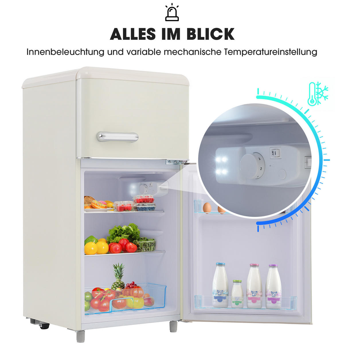 RETRO KÜHLSCHRANK 72L Doppeltür 21L Gefrier LED E Klasse - Weiß, Kunststoff (45/91/46cm) - FLIEKS