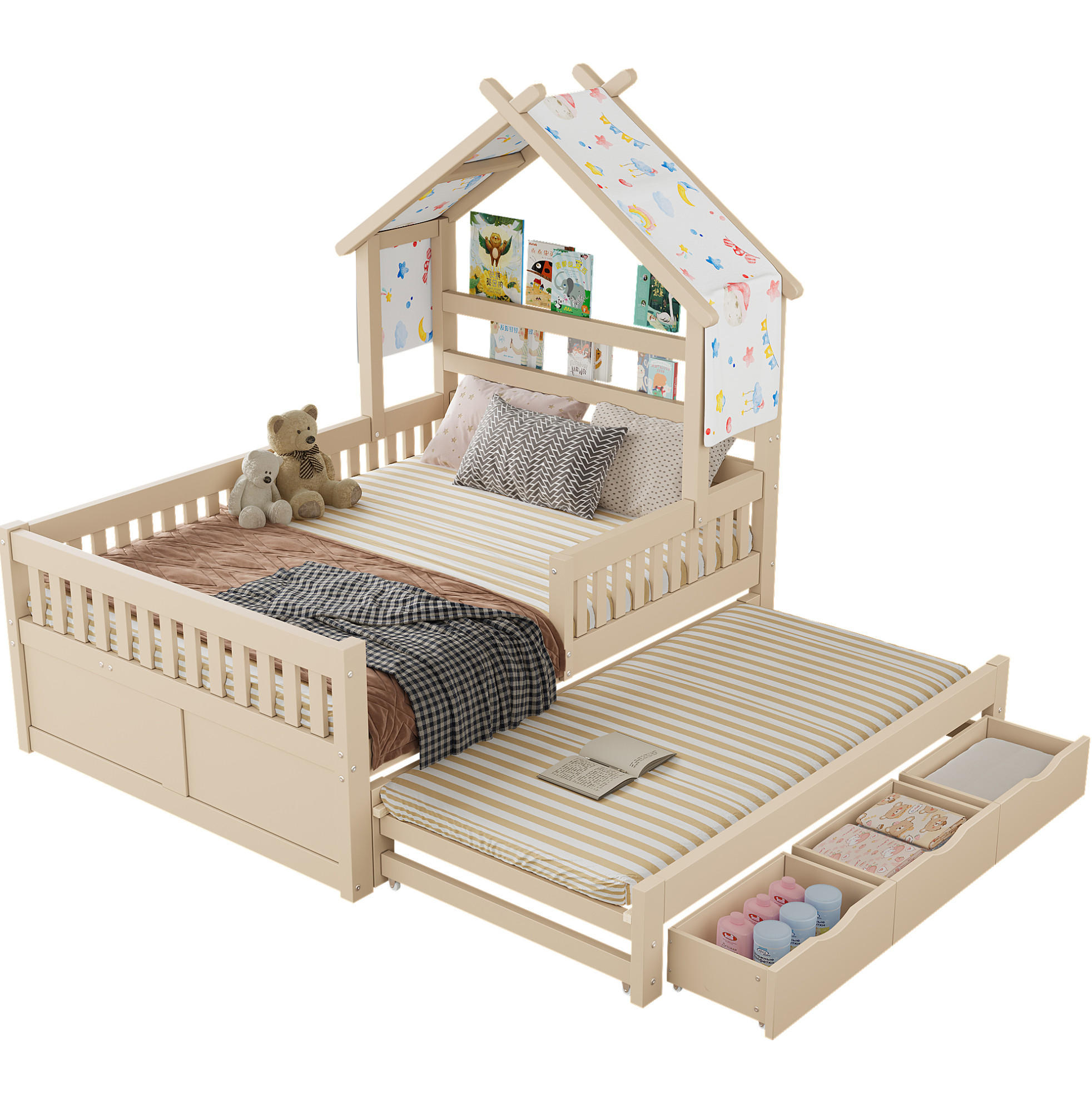 OKWISH DĚTSKÁ postel 140/200 cm krémová z MDF a borovice s výsuvným lůžkem a 3 zásuvkami
