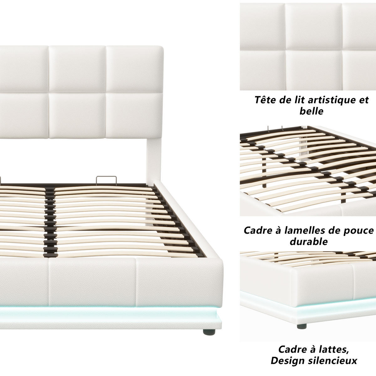POLSTERBETT 140x190 cm LED Stauraum Lattenrost PU Kopfteil weiß - Weiß, Holz (140/190cm) - LEBENLANG