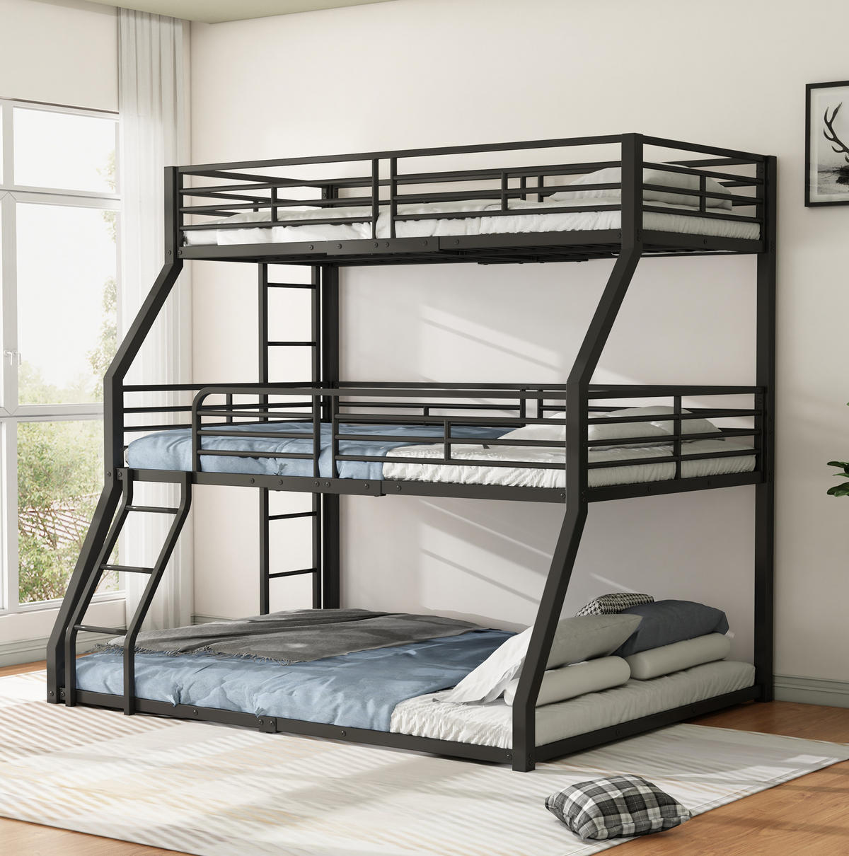 ETAGENBETT 90/200 cm aus Metall mit 3 Schlafplätzen, 2 Leitern und Sicherheitsgeländern, Schwarz - Schwarz, Metall (90/200cm) - Redom