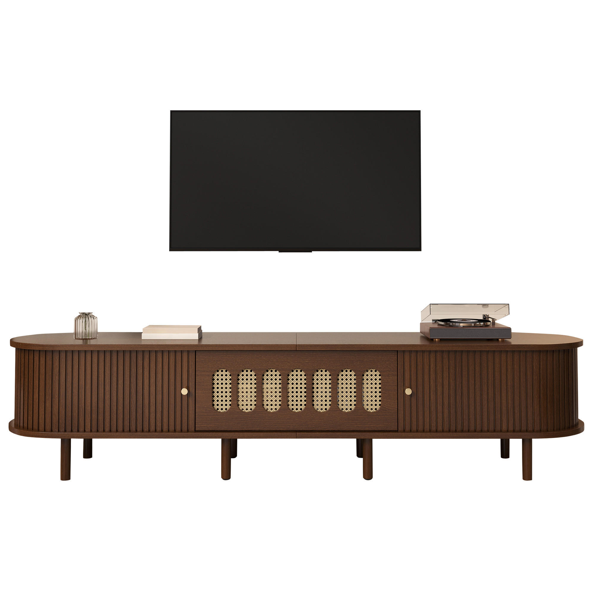 TV skrinka 180/40/40 cm tmavý orech z MDF s ratanovým vzhľadom a roletovými dvierkami - hnedá, kompozitné drevo (180/40/40cm) - OKWISH