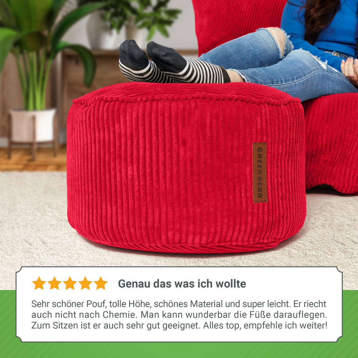 SITZSACK-HOCKER Pouf "Cord" 45x25cm - Rot, Textil (45/25/45cm) - Green Bean