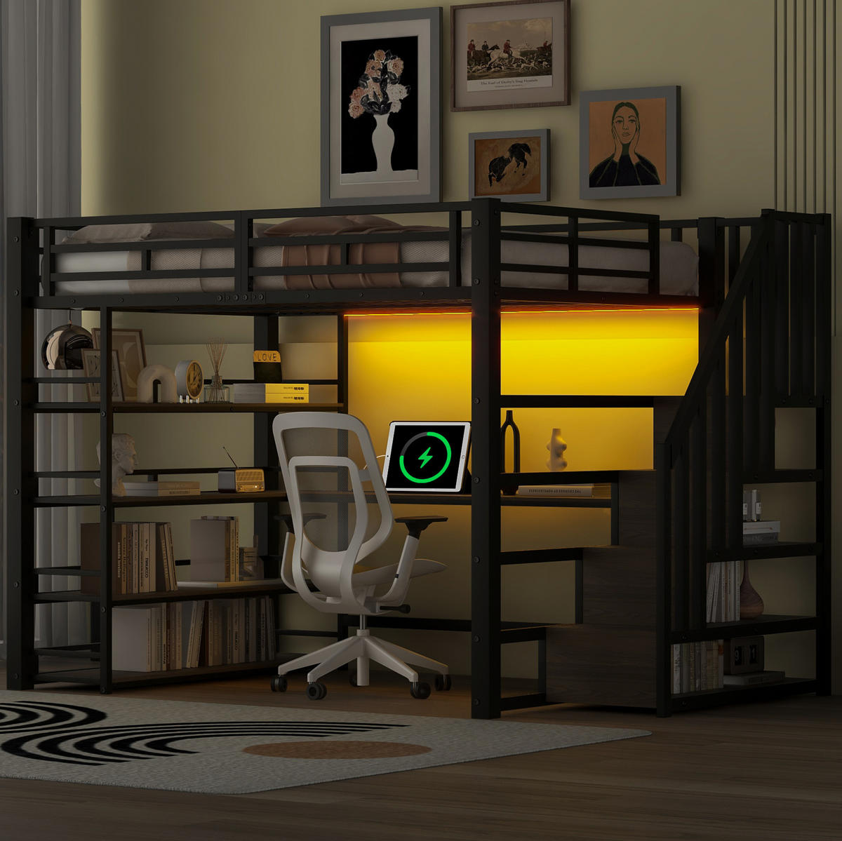 VYVÝŠENÁ posteľ 140/200 cm čierna z kovu a MDF s písacím stolom, schodmi, policami, LED osvetlením a USB - čierna, kompozitné drevo (140/200cm) - OKWISH