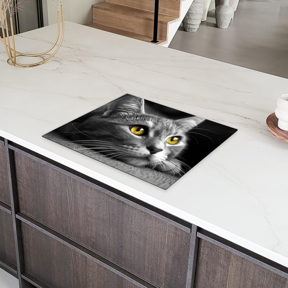 HERDABDECKPLATTE Katze - Grau - Tiere - Katze Herdabdeckung Induktionsfeld 65x52 cm - Grau, Kunststoff (65/52/0.2cm) - MuchoWow