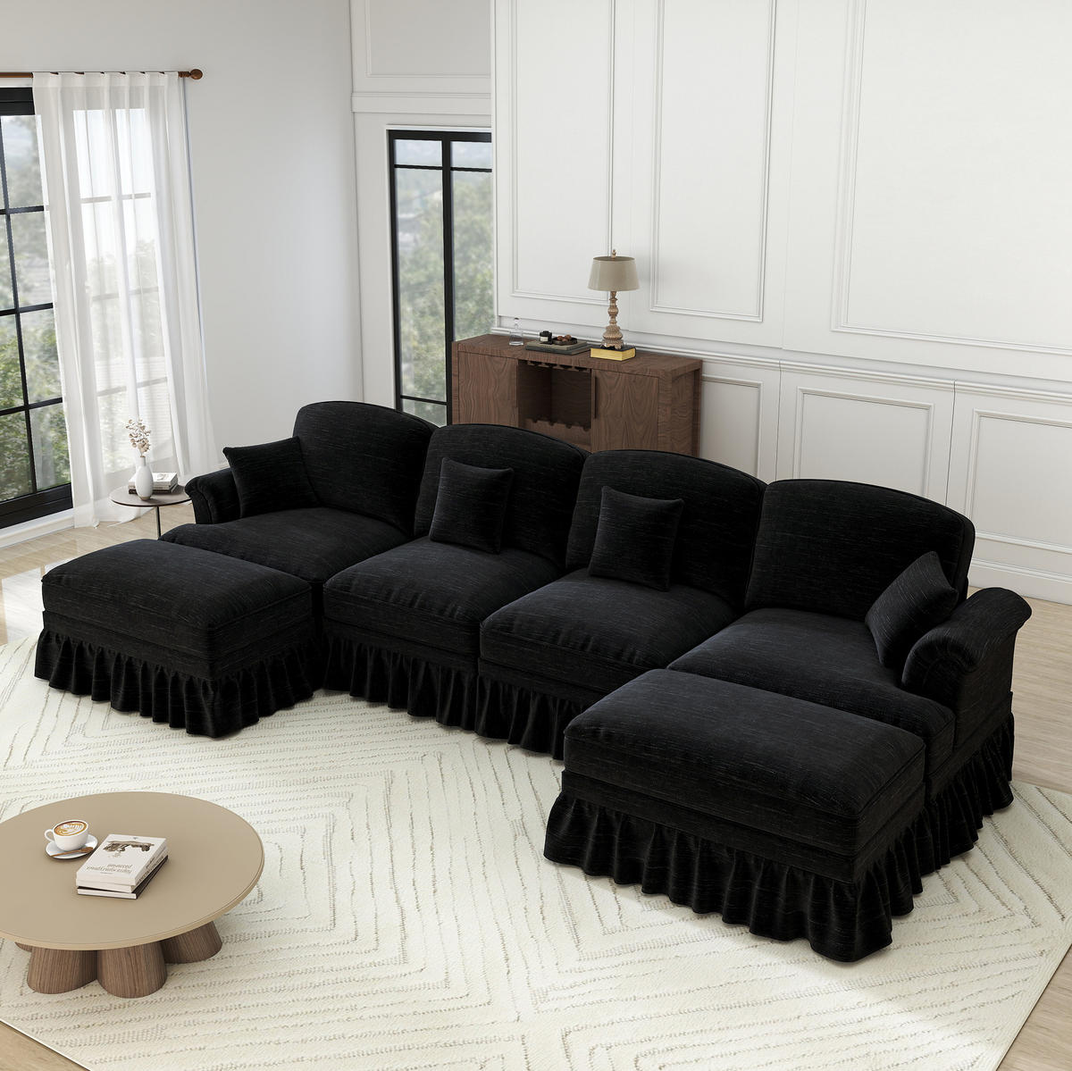 ECKSOFA 350/140/93 cm schwarz aus Chenille mit abnehmbarem Volant und beweglichem Hocker - Schwarz, Textil (140/350cm) - OKWISH
