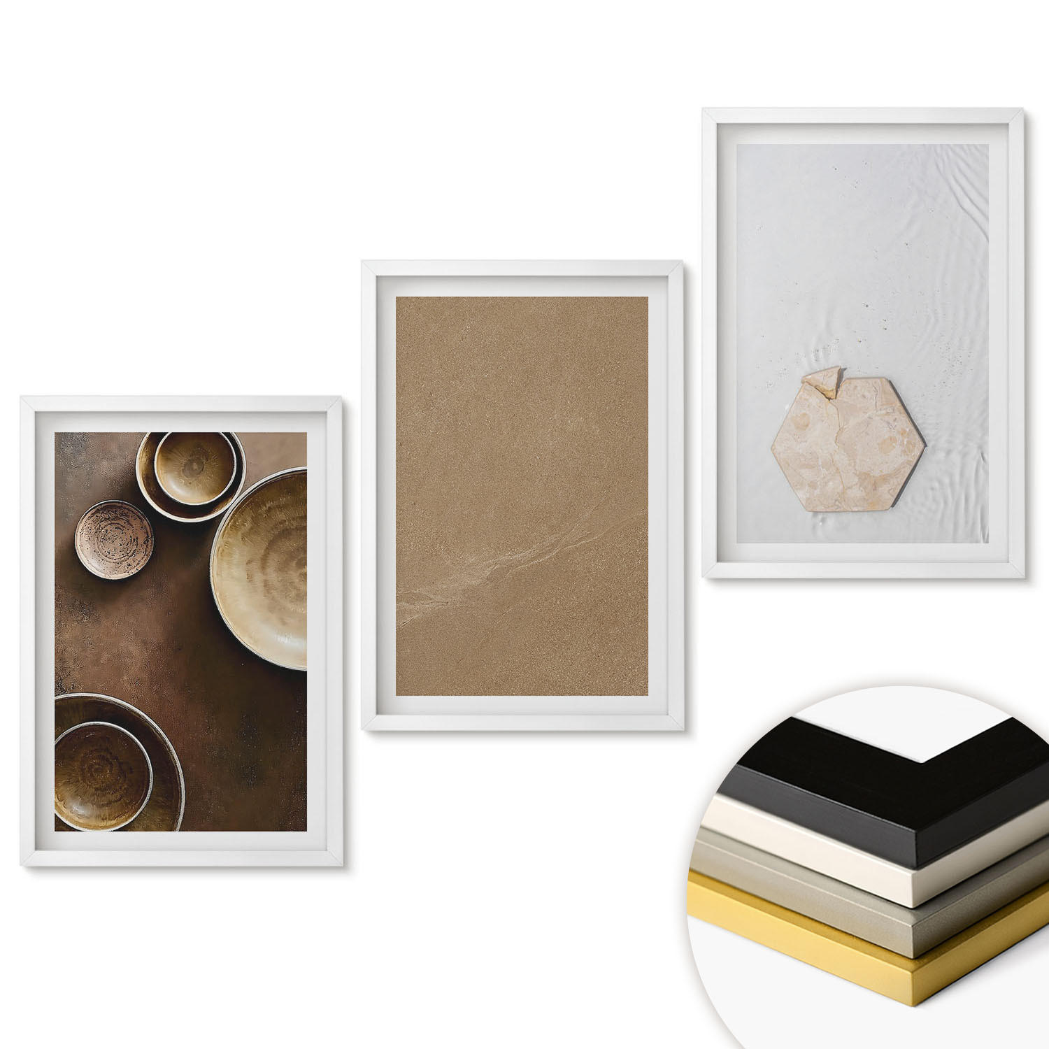 WANDBILDER 3er-Set - 40x60 cm Weißer Rahmen - Minimalistische Texturen und Farben - Weiß, Kunststoff (40/60cm) - ArtPrintCave