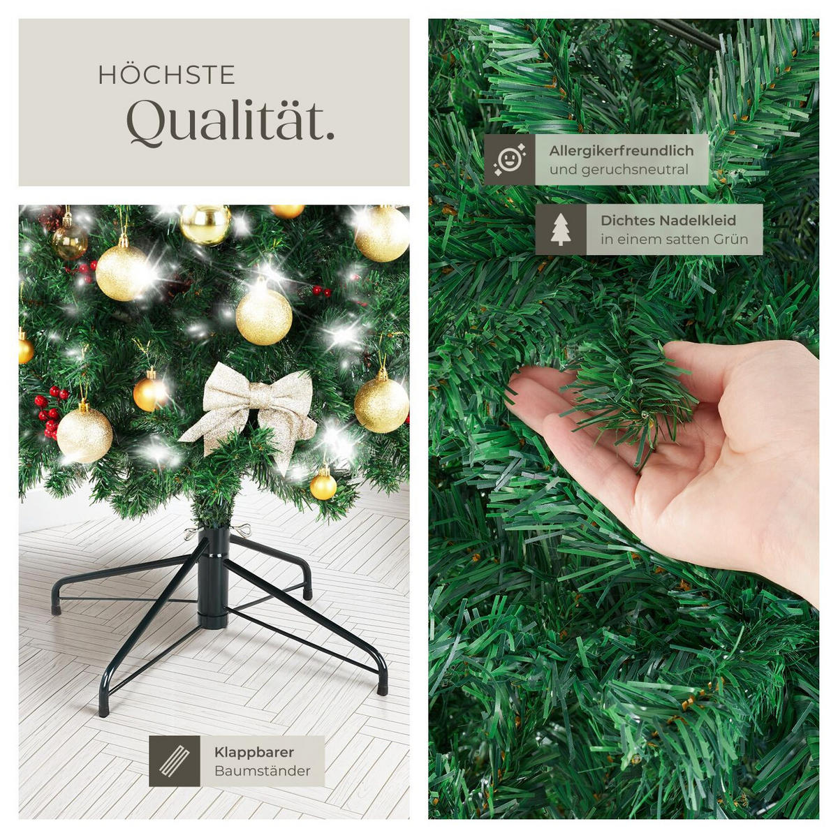 SET WEIHNACHTSBAUM MIT LICHTERKETTE ,pulverbeschichteter Metallständer mit Kunststoffkappen,grün - Grün, Kunststoff (210cm) - tectake