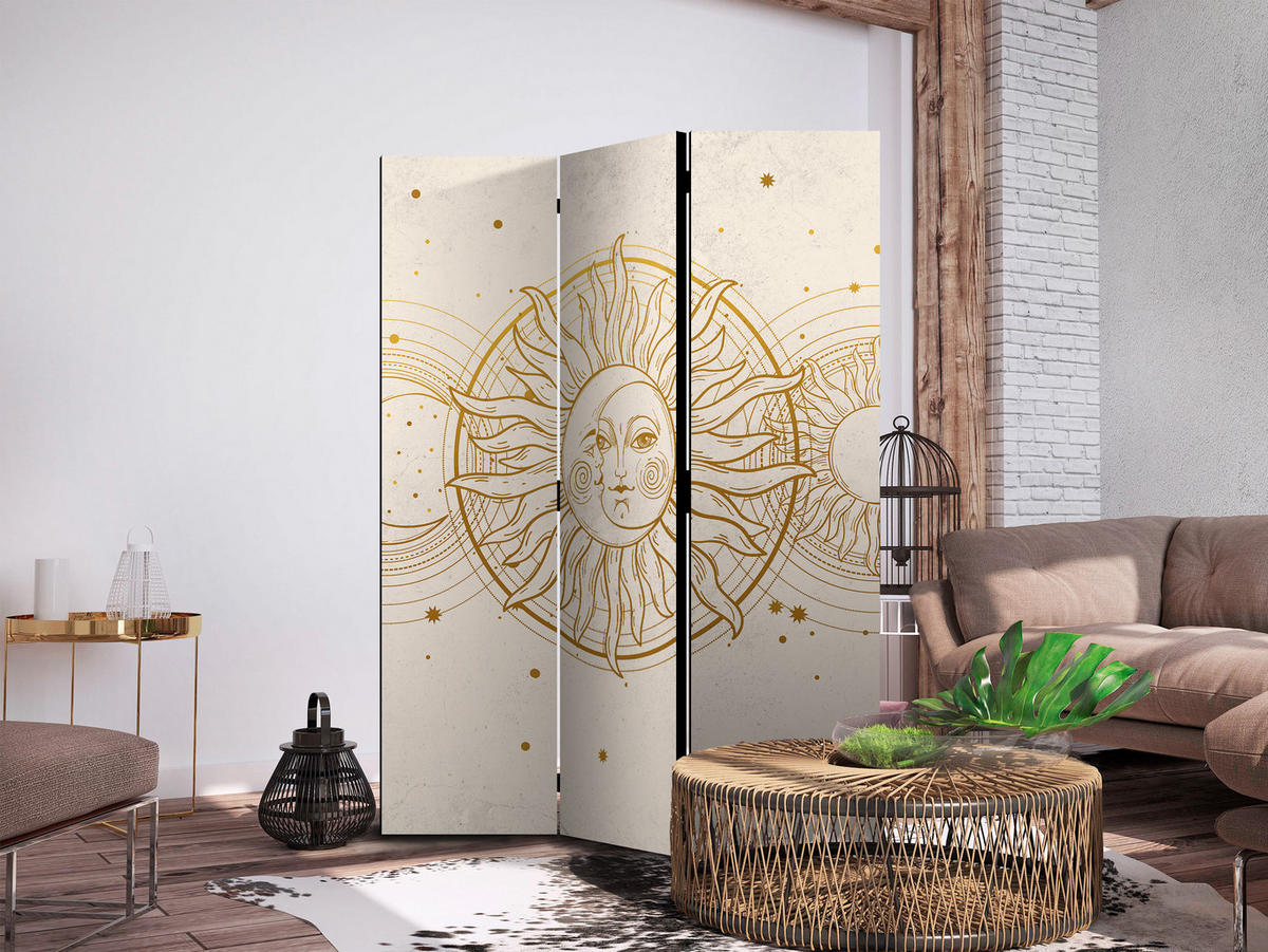 PARAVENT Akustik 3-tlg 135x172 cm Sonne Mond Boho Stil - Beige, Holz/Textil (135/172/3cm) - Muralo