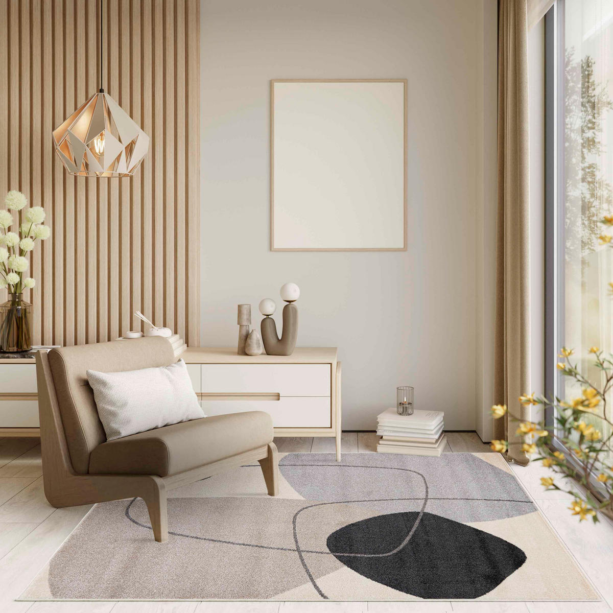 TEPPICH Beige Geometrisch In-Outdoor Pflanzlich Kurzflor Rechteckig 160 x 230 cm - Taupe/Schwarz, Textil (160/230cm) - Mazovia