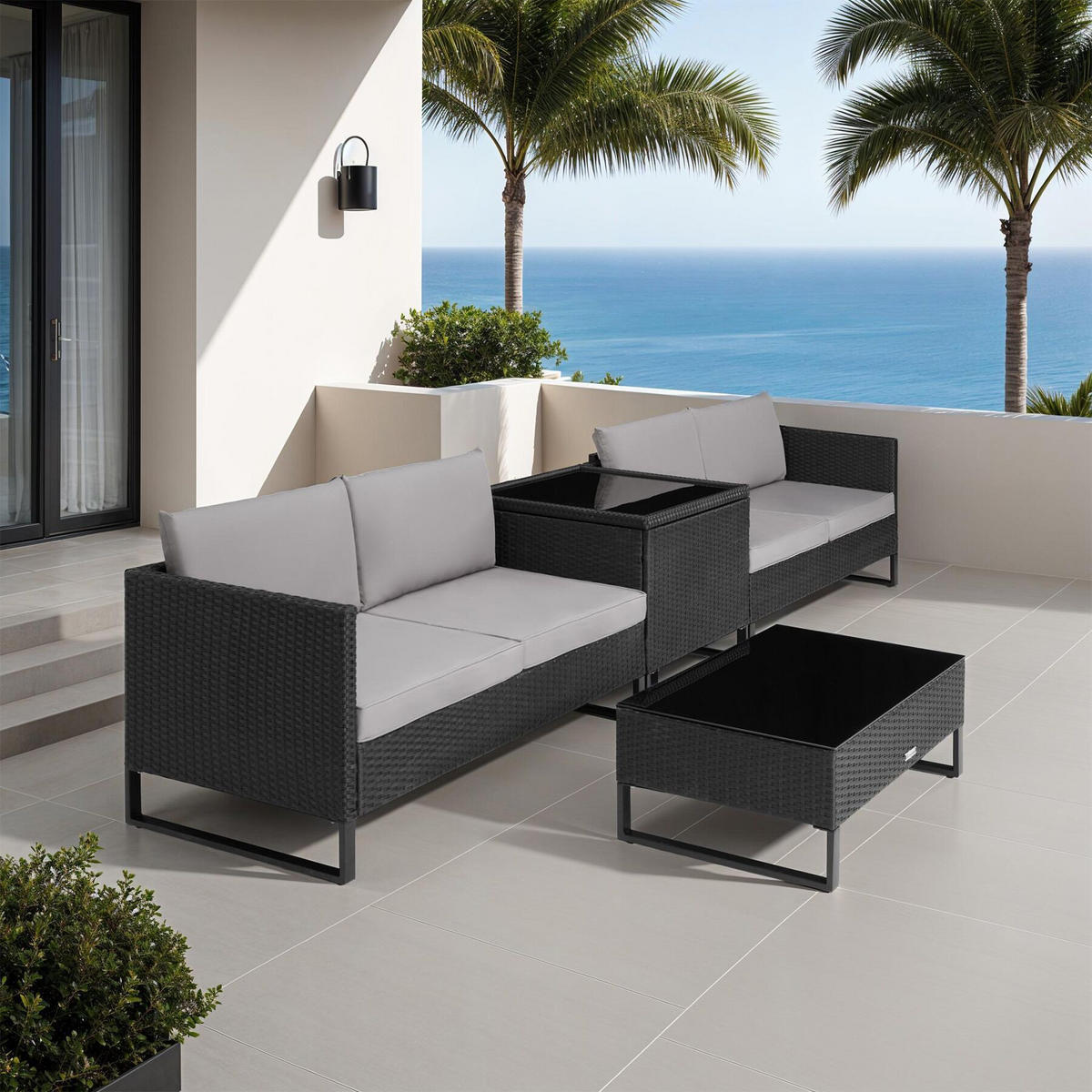 RATTANLOUNGE Ostuni,mit Sicherheitsglasplatte,schwarz - Schwarz, Kunststoff - tectake