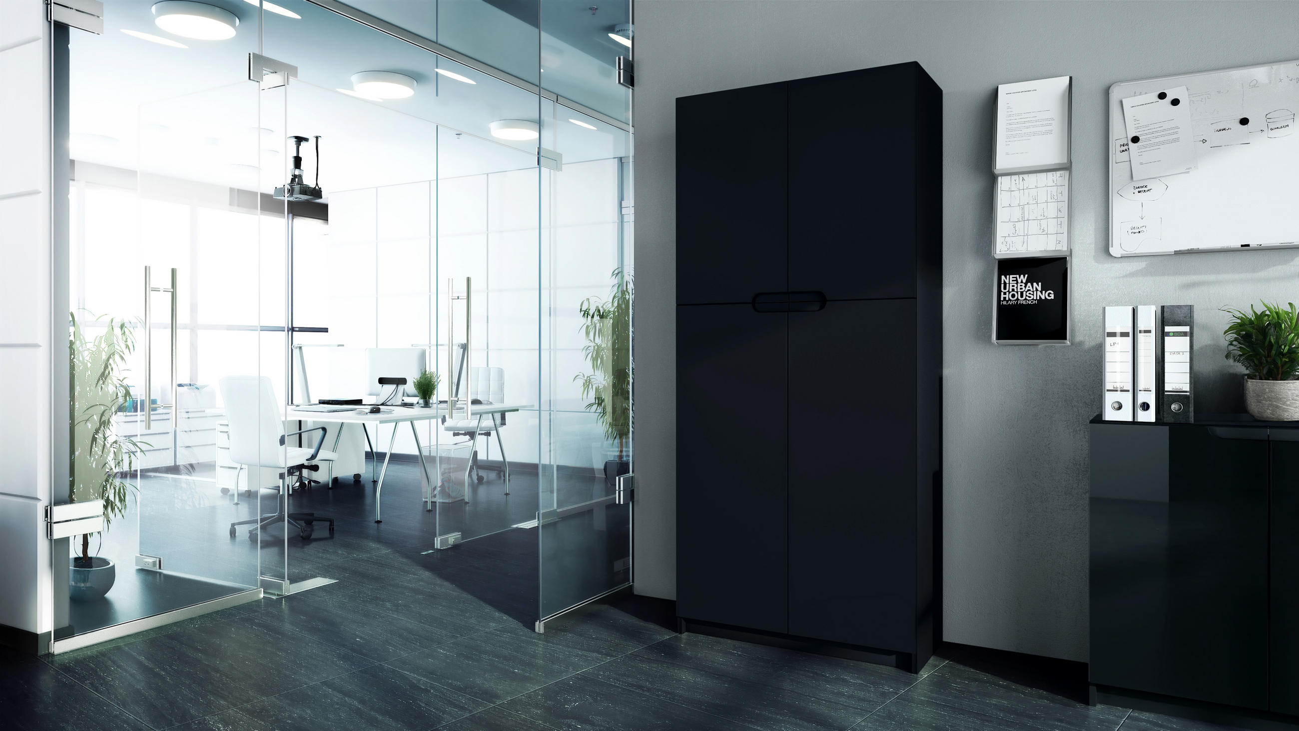 BÜROSCHRANK Logan Fronten in Schwarz matt - Schwarz, Holzwerkstoff (82/185/37cm) - Vladon
