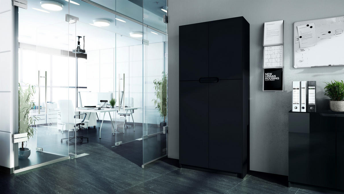 BÜROSCHRANK Logan Fronten in Schwarz matt - Schwarz, Holzwerkstoff (82/185/37cm) - Vladon