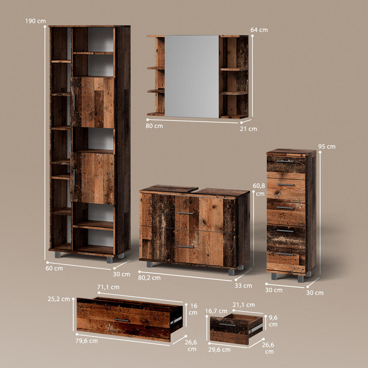 BADMÖBEL-SET Eisak Eiche rustikal 4 Teile, mit Hochschrank - Wildeiche, Holzwerkstoff (80/60/33cm) - Livinity®