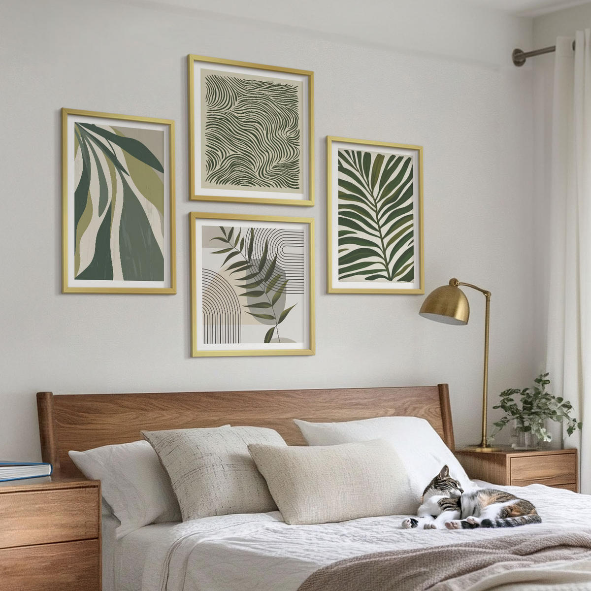 BILDER SET 4er Set - 50x50 cm & 40x60 cm Goldrahmen - Blätter, Wellen – Pastellillustrationen - Goldfarben, Kunststoff (50/50cm) - TULUP