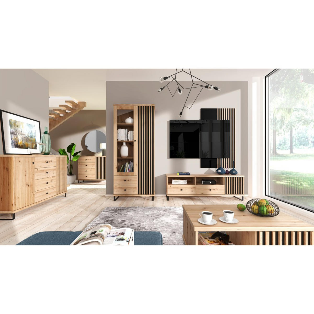 VITRINE Caya mit zwei Türen, zwei Schubladen und LED-Beleuchtung - Schwarz/Eiche Artisan, Holzwerkstoff/Metall (86/201/41cm) - Beautysofa
