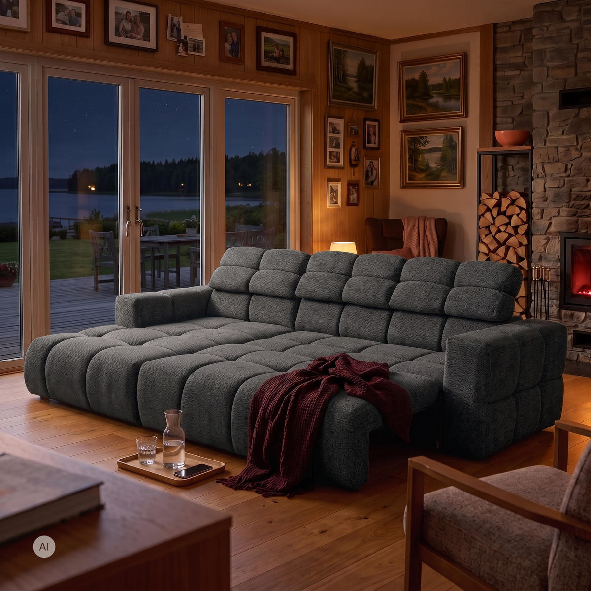 ECKSOFA TENDER Links mit Schlaffunktion und Verstellbare Kopfstützen, Chenille dunkelgrau - Dunkelgrau/Schwarz, Holz/Kunststoff (315/176cm) - Muffo