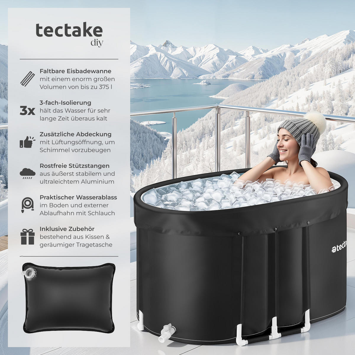 EISBADEWANNE Espoo,inkl. Tragetasche und Wasserkissen,schwarz - Schwarz, Kunststoff (105/66/70cm) - tectake