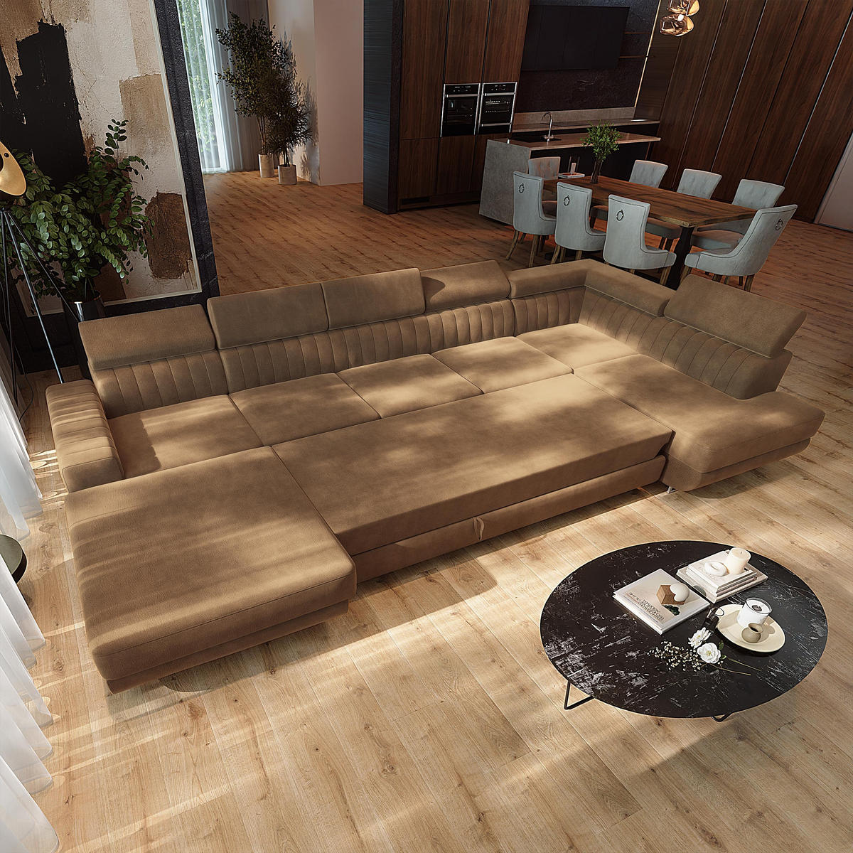 WOHNLANDSCHAFT GAIAN Beige Velours-Stoff mit Schlaffunktion - Beige, Holz (412/88/190cm) - MASSENO