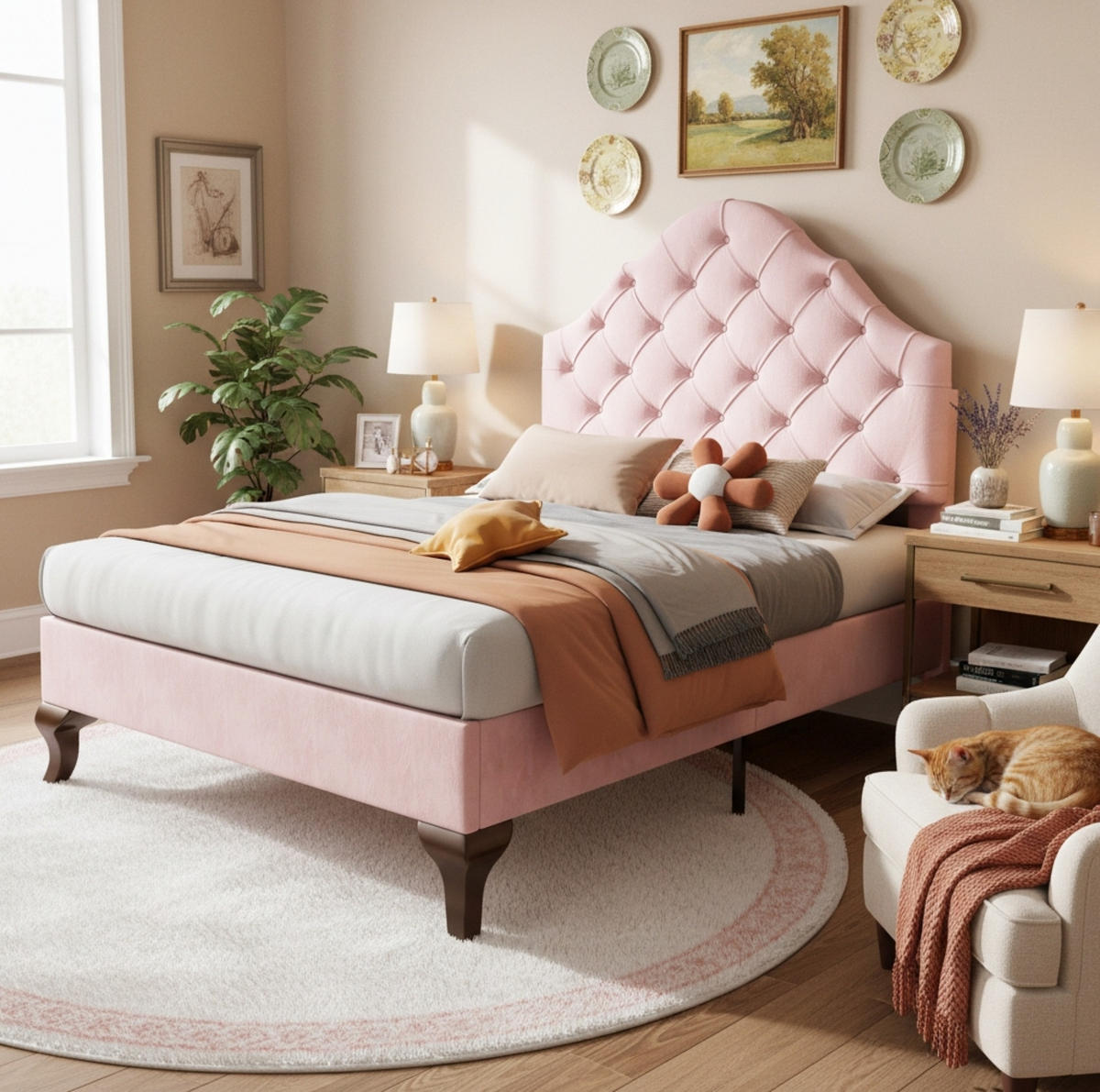 POLSTERBETT 90/200 cm mit Lattenrost und höhenverstellbarem Kopfteil aus Samt, klassische Knopfheftung, Rosa - Rosa, Textil (90/200cm) - Redom