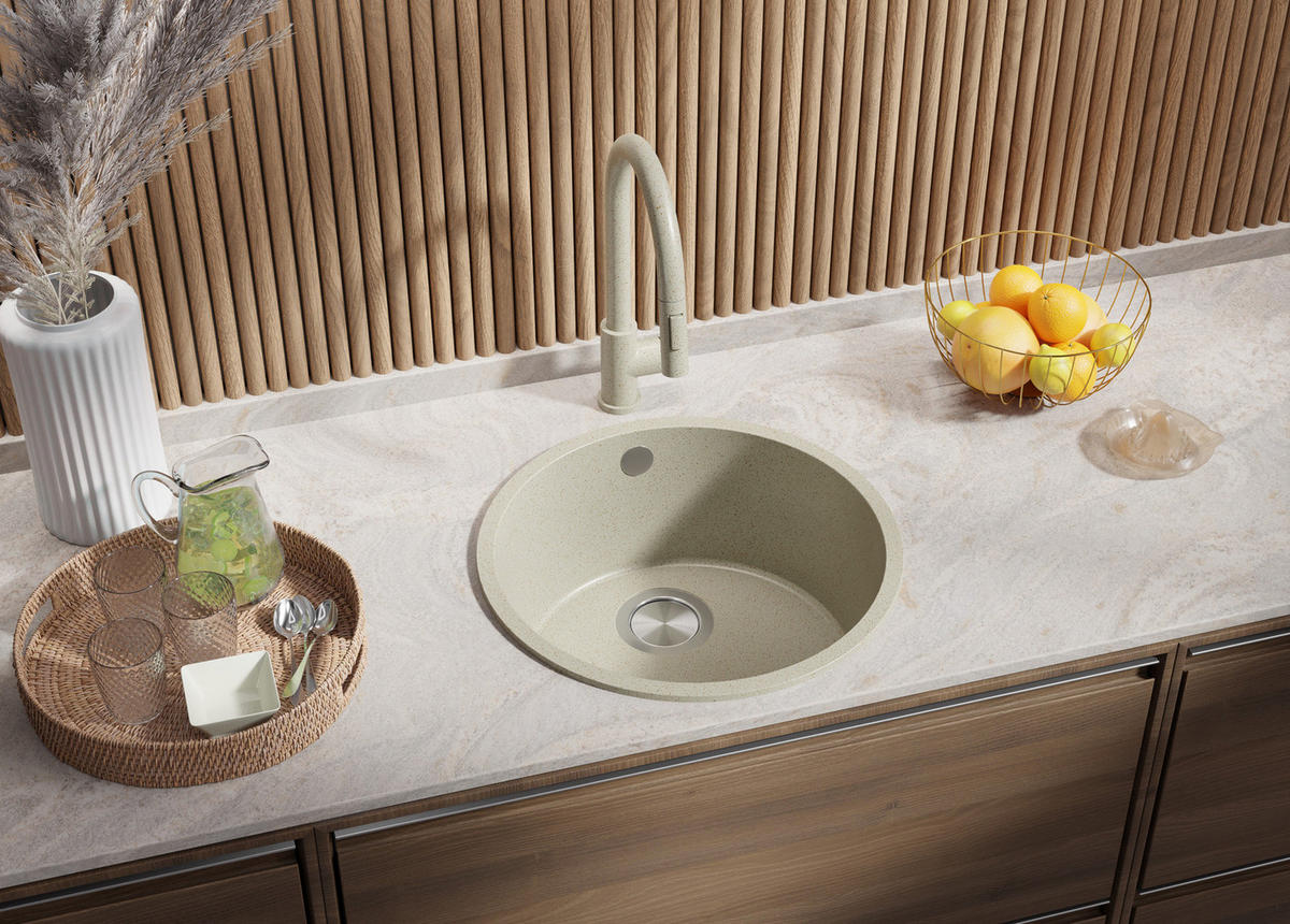 SPÜLBECKEN RUND Valletta Slim, 2-er set Beige 46/46 cm 1 Becken + Ablauf-Set ab 50er Unterschrank - Chromfarben/Beige, Kunststoff (46/20/46cm) - Primagran