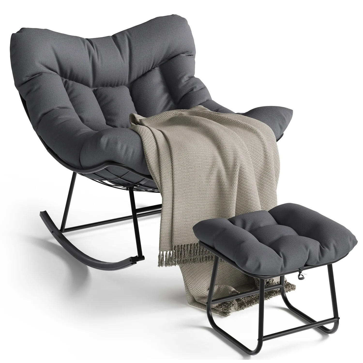SCHAUKELSTUHLMIT Hocker, Outdoor Papasan, mit Metallrahmen, Dunkelgrau - Dunkelgrau, Textil (71/82.8/89cm) - Kaket
