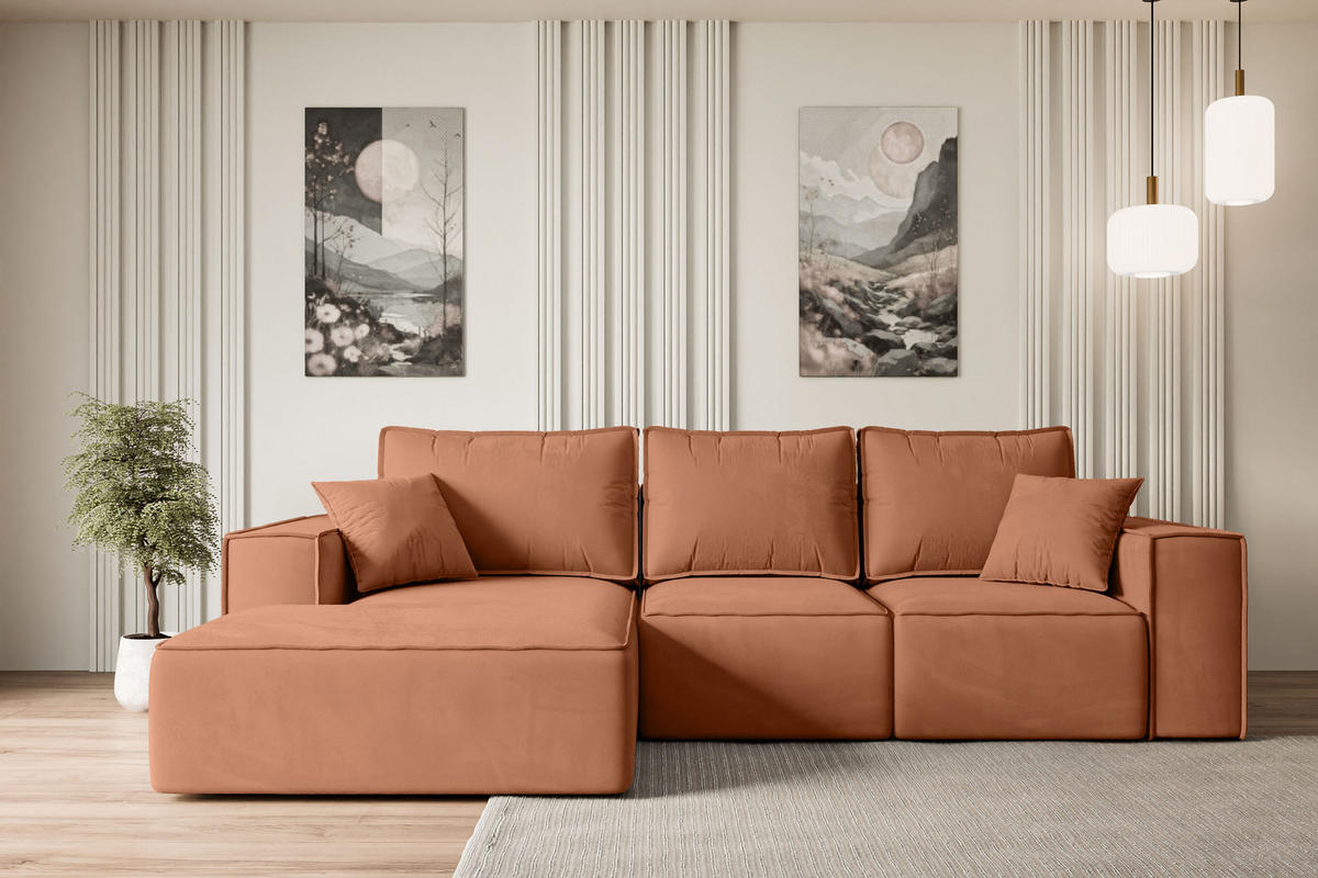 ECKSOFA mit Schlaffunktion und Bettkasten SERRA-L-S - 266x161x87 cm Apricot Velours - Koralle/Schwarz, Holzwerkstoff/Kunststoff (266/161cm) - ALTDECOR
