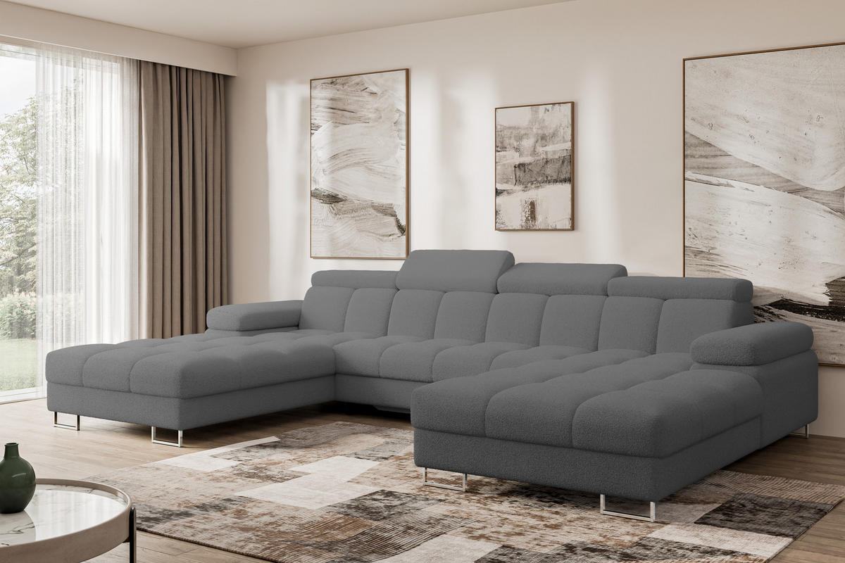 WOHNLANDSCHAFT mit Schlaffunktion und Bettkasten COMA U2 345x203x79 Grau Bouclé - Chromfarben, Holzwerkstoff/Textil (345/79/203cm) - ALTDECOR