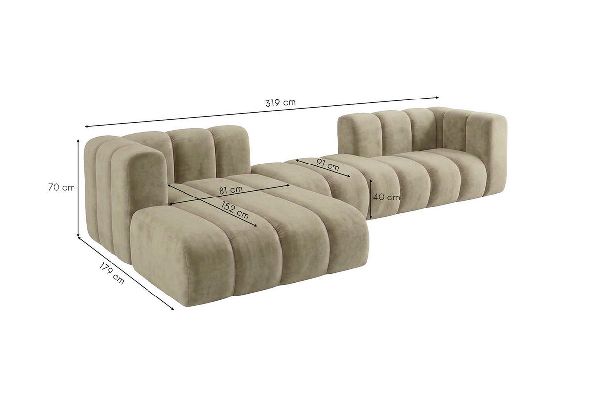 ECKSOFA Modulares In L-Form, Velvet-Stoff Riviera, Beige, Links, GRAND 319 cm - Beige, Holz (319/175cm) - Kaiser Möbel