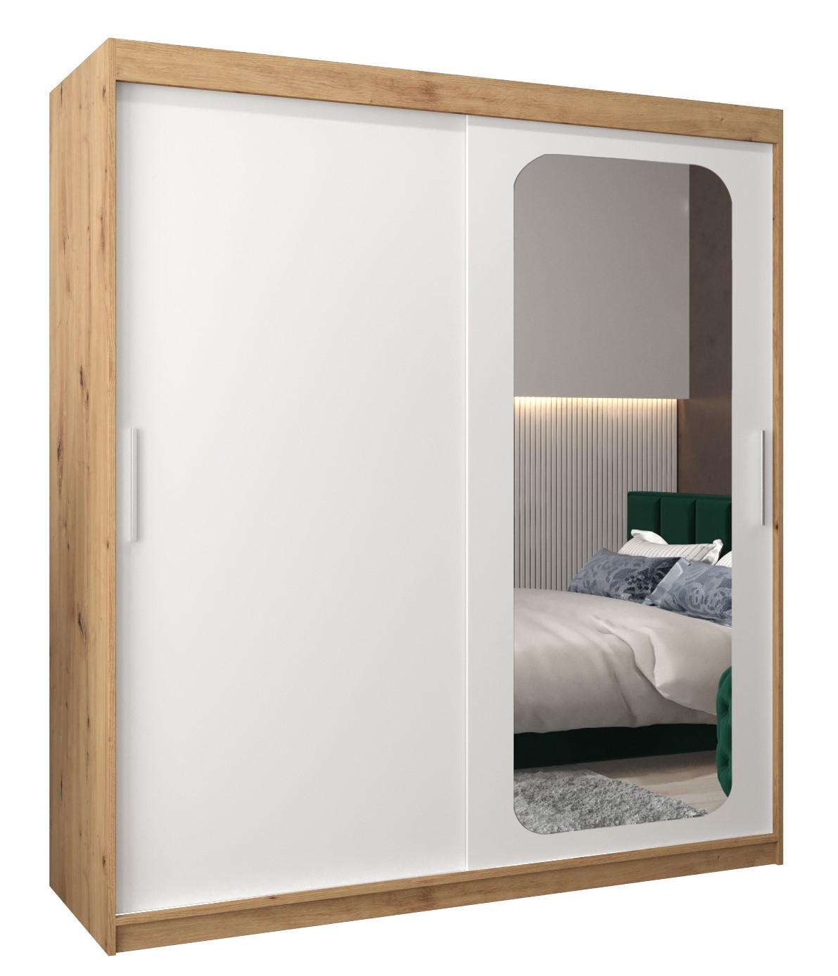Abiks Möbel Schwebetürenschrank Eiche Artisan, Weiß 180x200x62 cm