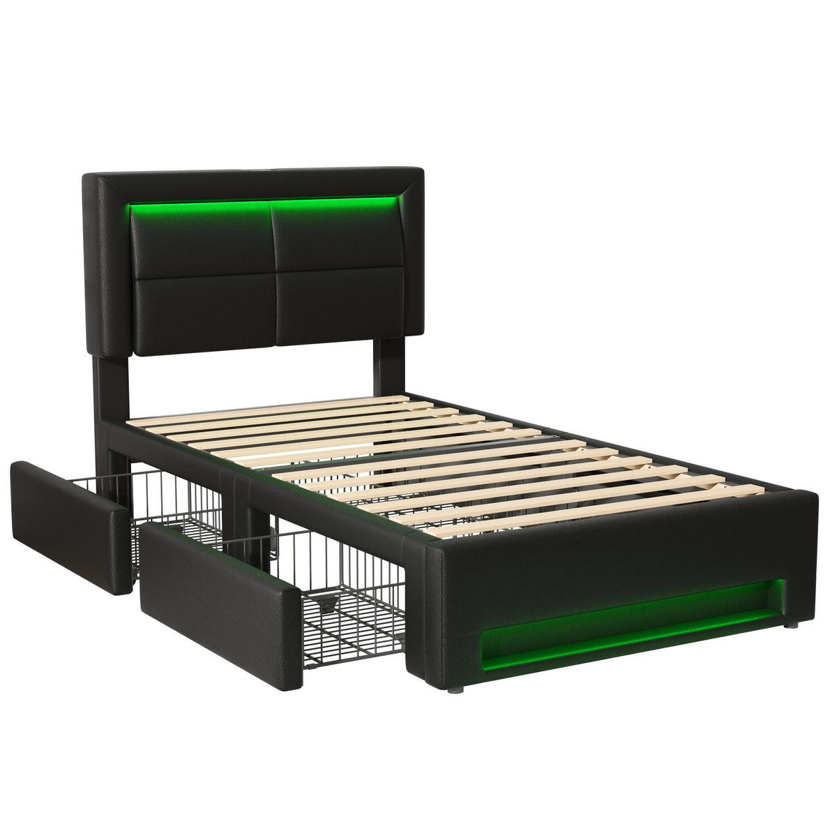 POLSTERBETT 90/200 cm Schwarz aus PU mit USB, LED und 4 Schubladen - Schwarz, Kunststoff (90/200cm) - OKMYHOME