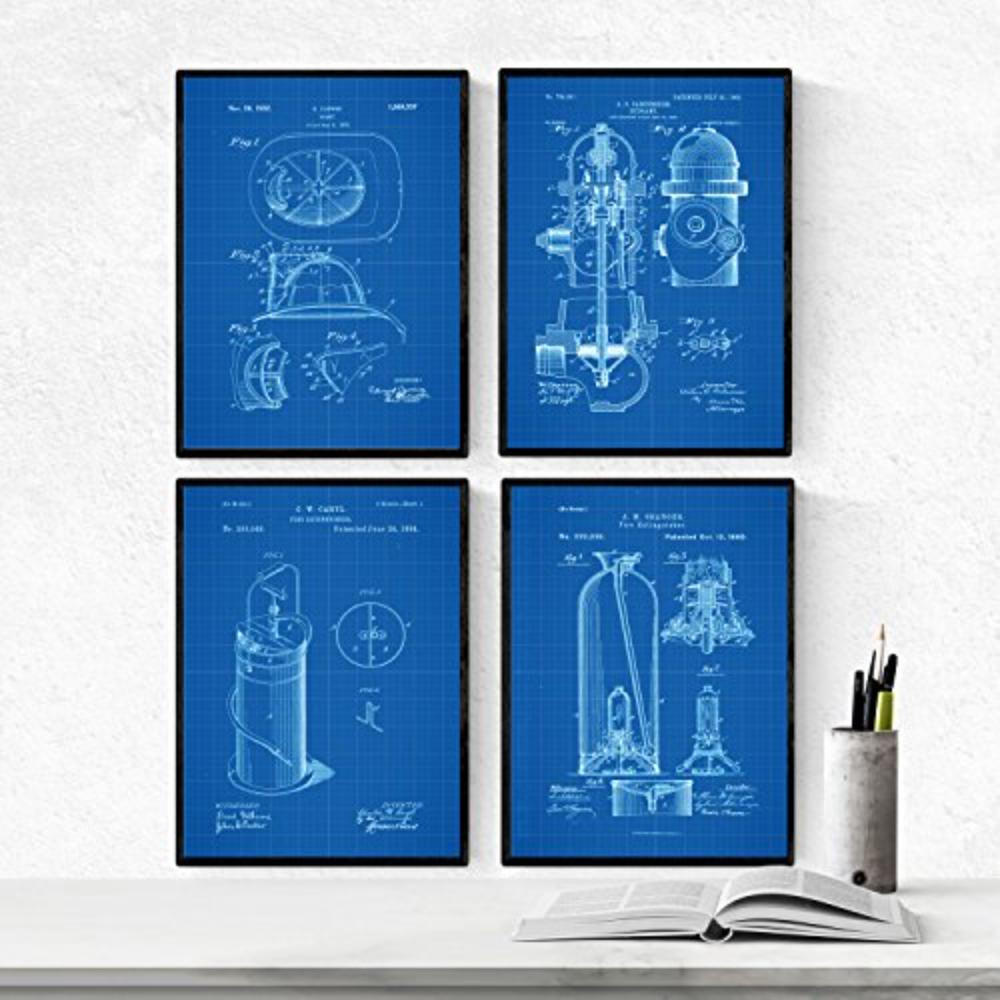 POSTER Set mit 4 Blau Feuerwehr Patent A4 Rahmenlos - Klar, Papier (29.7/3cm) - Nacnic