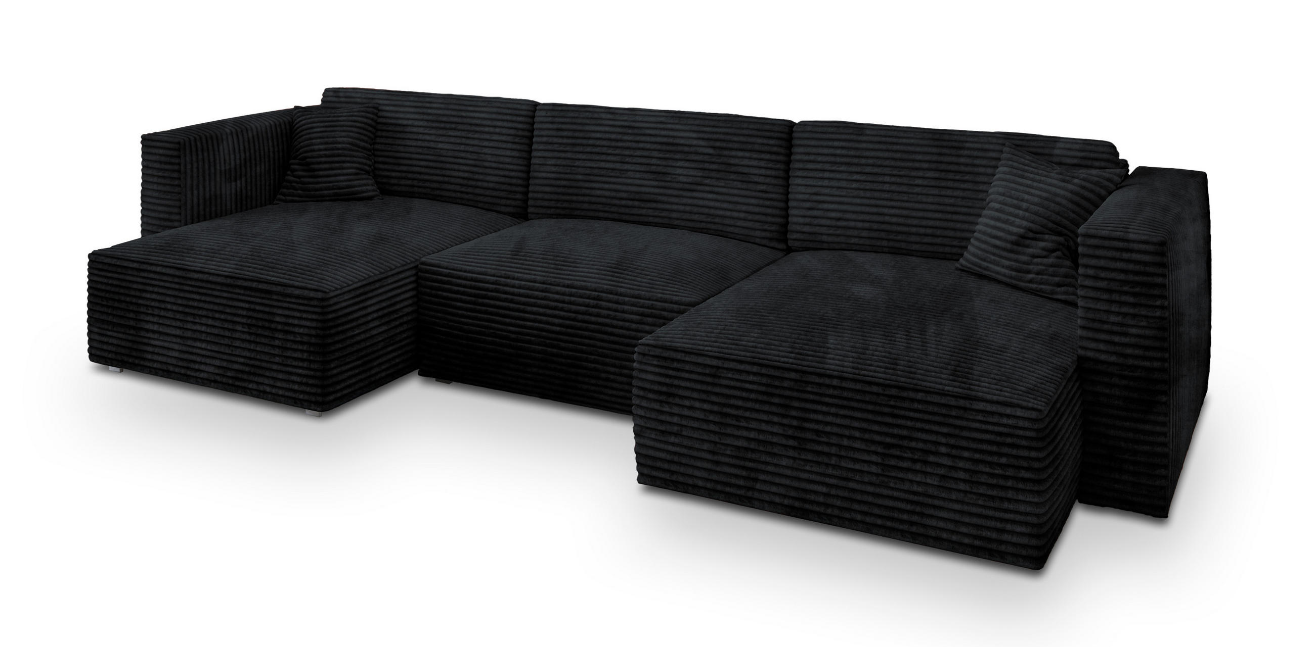 WOHNLANDSCHAFT SARMO Schwarz Kordstoff mit Schlaffunktion - Schwarz, Holz (347/90/148cm) - MASSENO